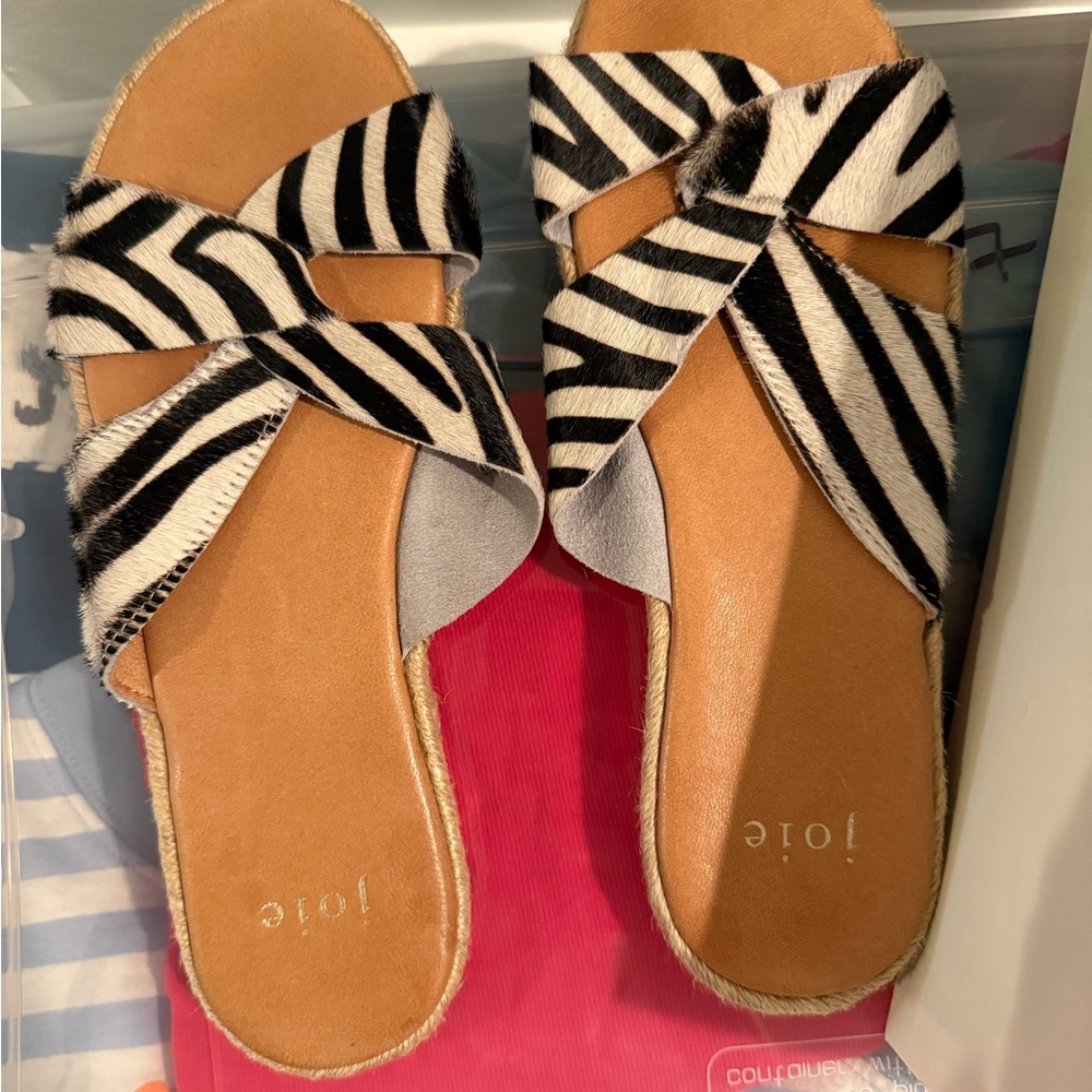 Joie Black and White Zebra Print Slide Sandals